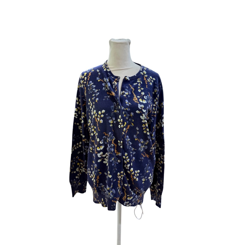 Lands' End Blue Floral Supima Cotton Cardigan Sweater Womens 0X 14W 426150